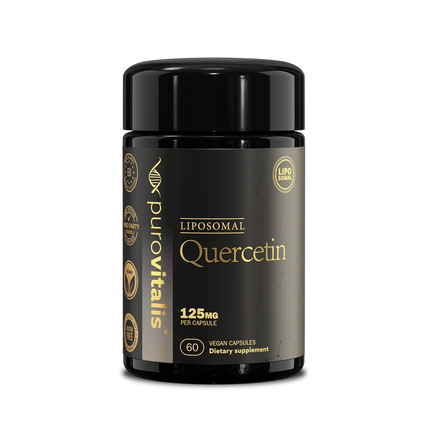 Liposomal Quercetin by purovitalis, product image of 125mg quercetin per capsule.