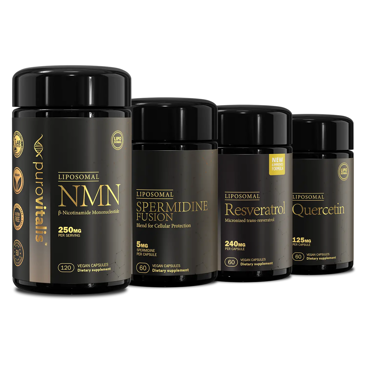 The max longevity bundle contains, 120 nmn capsules, 60 resveratrol capsules, 60 quercetin and 60 spermidine fusion capsules